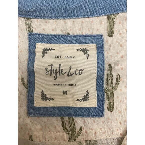 Style & Co. Cactus Print Button Down Shirt Long Sleeve V Neck Earthy Size M - Picture 5 of 8